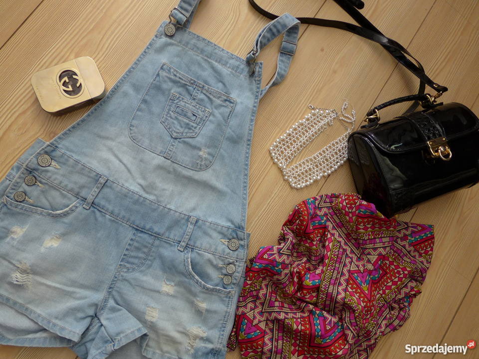 VINTAGE jeansowe krótkie spodenki szelki Warszawa