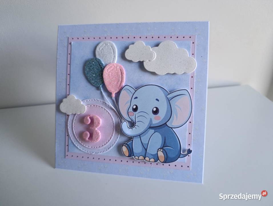 Kartka na urodziny słonik z balonami handmade Łódź