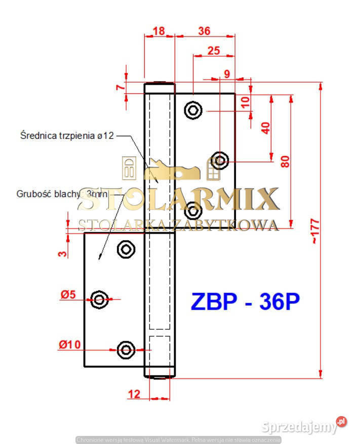 Zawias do starych drzwi bezprzylgowych ZBP 36P