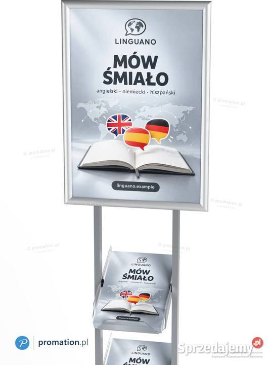 Srebrny stojak metalowy na foldery A4 i plakat Warszawa