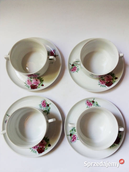 4 bulionówki z talerzykami Chodzież vintage PRL biały Częstochowa