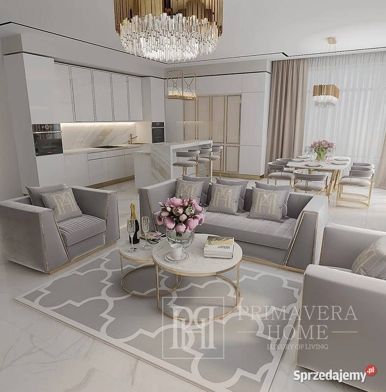 Sofa glamour szara z poduszkami na złotych Warszawa
