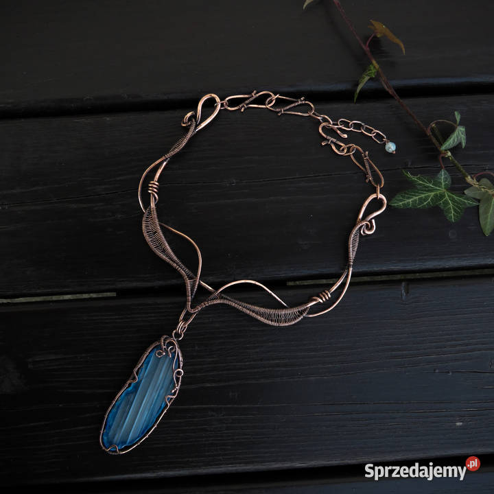 Unikatowa miedziana kolia niebieski agat Kraków