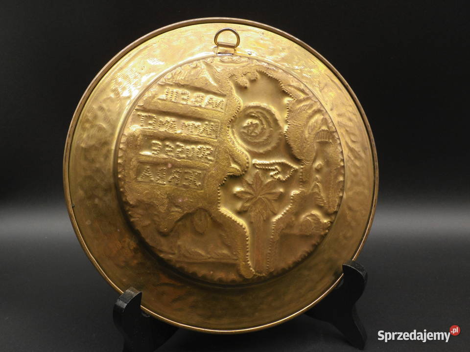 Mosiężny emaliowany ozdobny talerz ścienny Raszków