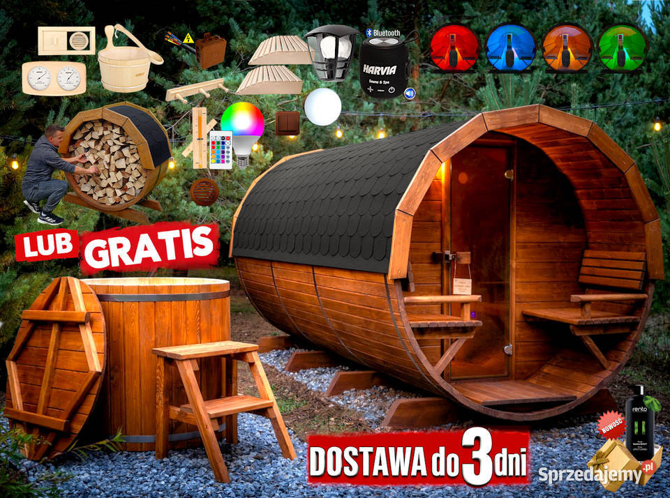 SAUNA Ogrodowa 400 PRZEDSIONEK zew Beczka 500L Nowy Targ