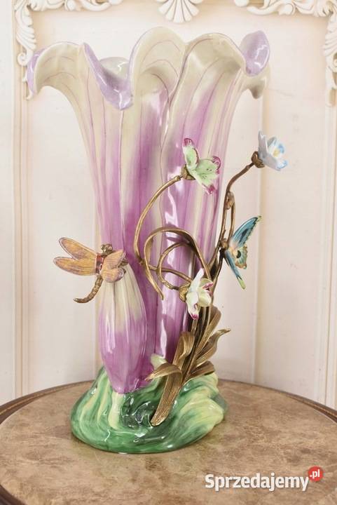 Porcelanowy Fioletowy Wazon Ważki Motyle Kwiaty Kraków