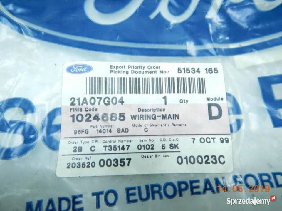 WIĄZKA INSTALACJA SILNIKA FORD FIESTA 9502 osobowe