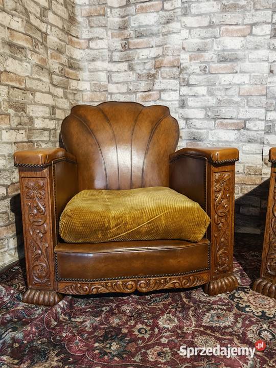 Dwa potężne fotele z prawdziwej skóry i drewna Sandomierz sprzedam