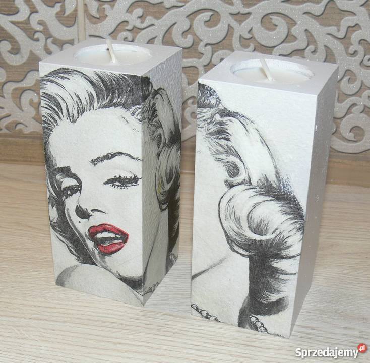Marilyn Monroe 2 świeczniki z drewna prezent Halinów