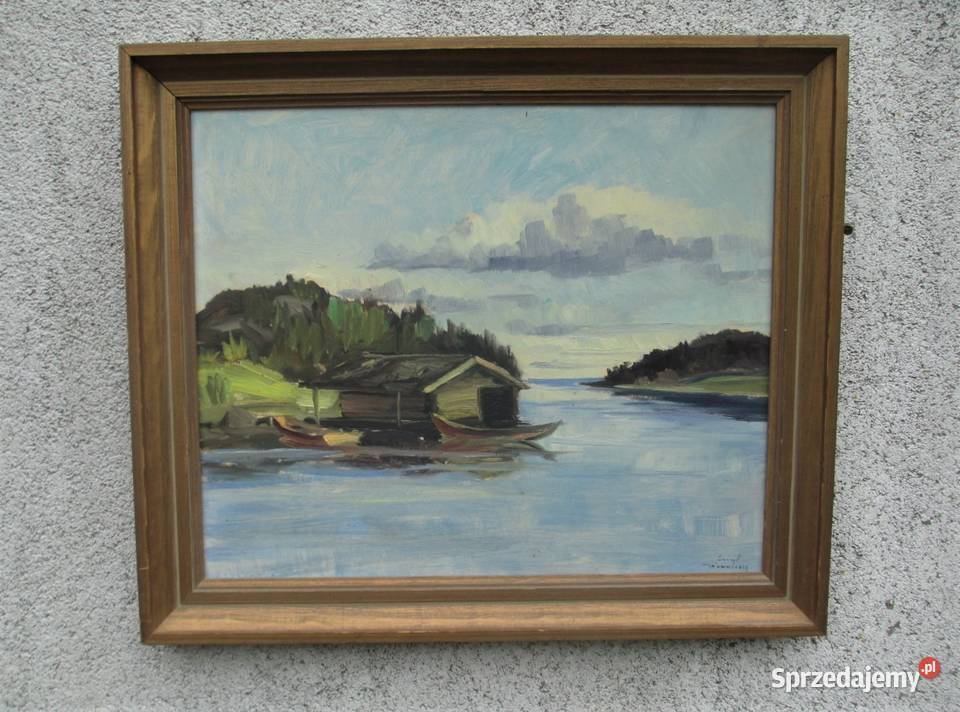 Obraz olejny Przystań Szwecja lata 70 Malarstwo Lublin