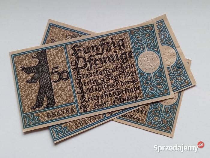 Trzy banknoty 50 Pfennig 1921 r miasta Berlin Koszalin