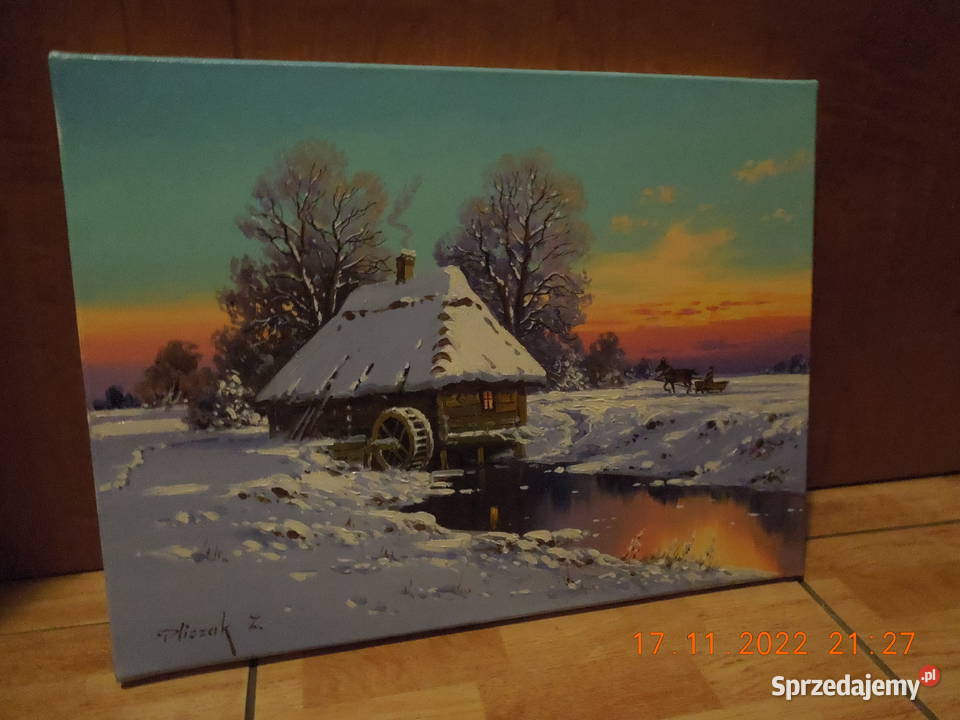 obraz olejny pejzaz zimowy stary młyn Pozostałe Częstochowa