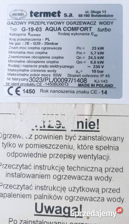 Piecyk Gazowy Termet Aqua Comfort Turbo G1903 z Kotły i Piece CO małopolskie Mogilany