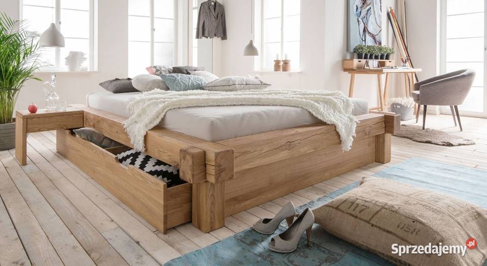 Rustykalne masywne łóżko dębowe z szufladami 180x200 - Dąb