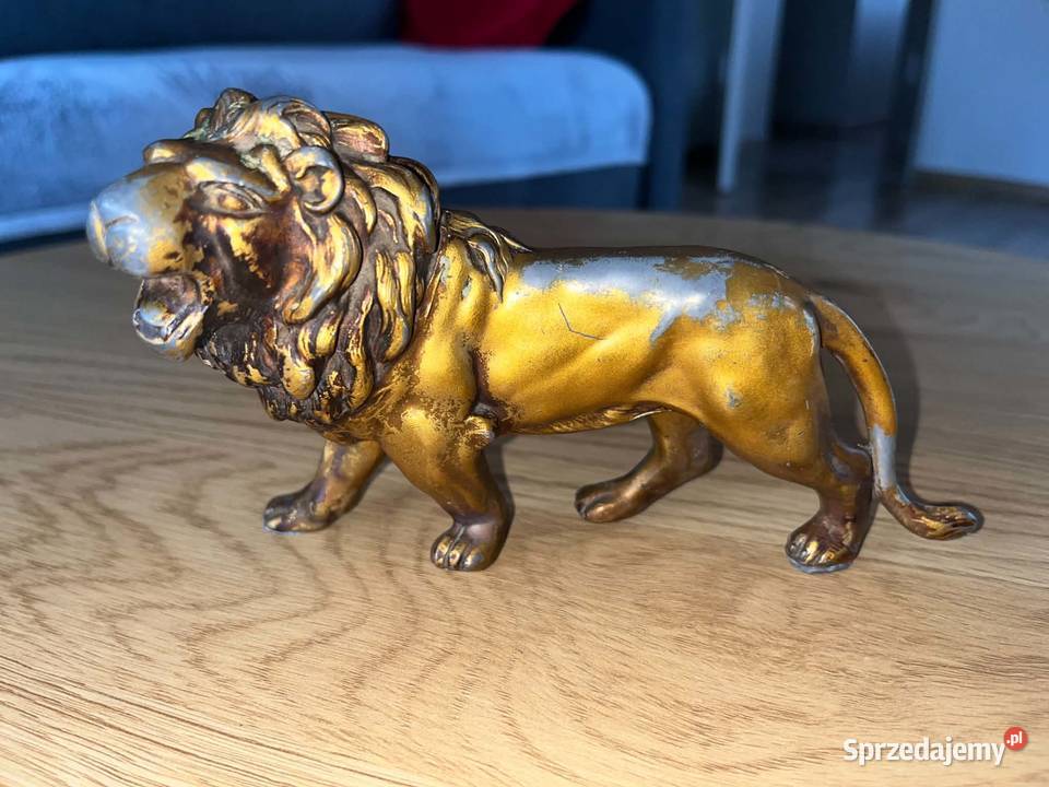 Figurka Lew Metalowa Vintage Art Deco Złota Pozostałe