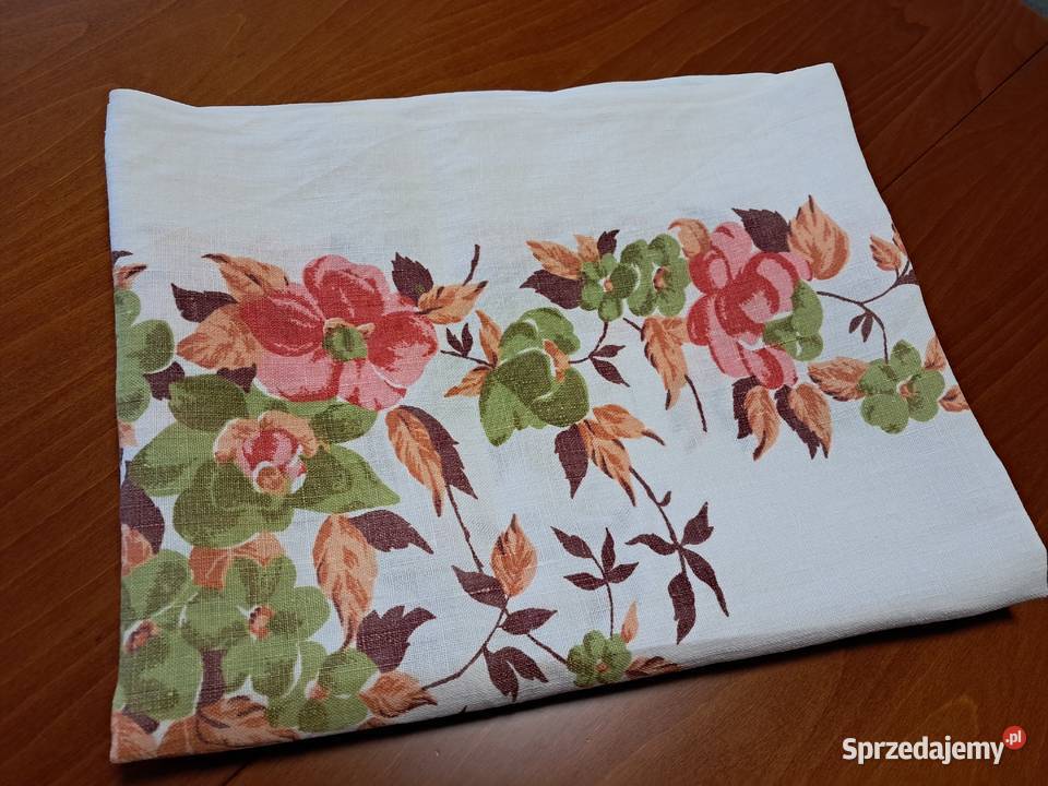 Obrus lniany biały w kolorowe kwiaty 166 x 130 małopolskie Kraków