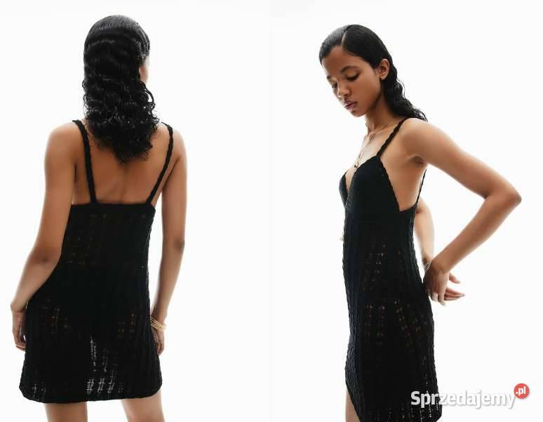 czarna sukienka o wyglądzie szydełkowej robótki Toruń sprzedam