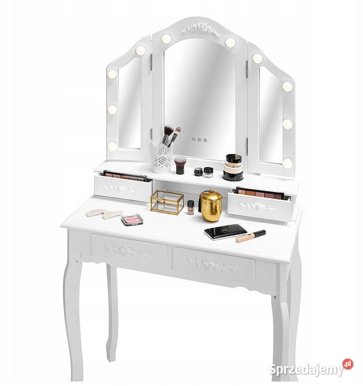 Toaletka kosmetyczna Biała+taboret+lustro 3 lustra składane