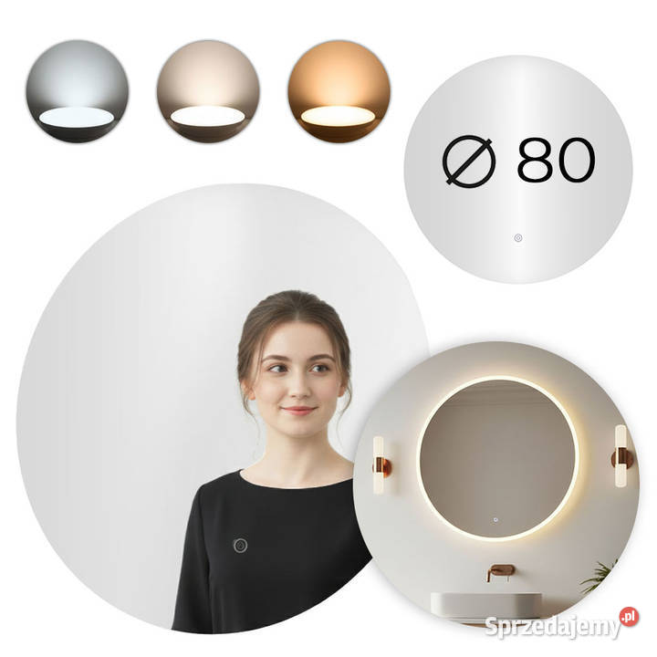 Lustro łazienkowe LED okrągłe ścienne 80 3 barwy Smogorzów