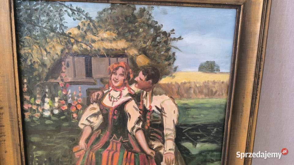 Piękny obraz olejny sygnowany scena rodzajowa Łódź