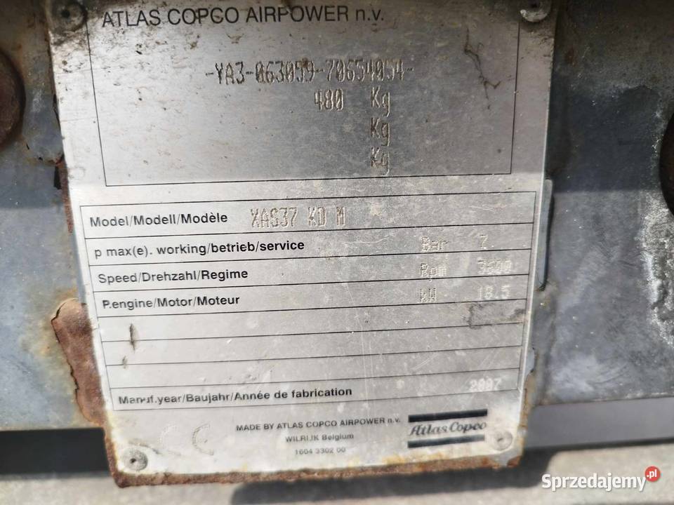 Kompresor sprężarka ATLAS COPCO XAS37 985 mth wielkopolskie Strzyżew sprzedam