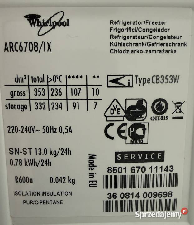 Lodówka WHIRLPOOL ARC 6708 IX 55cm