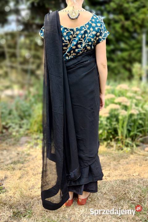 Eleganckie czarne sari L 40 XL 42 szyfon saree Szczecin