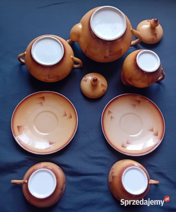 Herbaciany porcelanowy komplecik 2 osób art deco Porcelana i szkło Koźminek