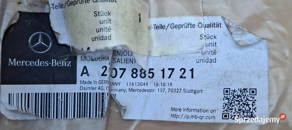 MERCEDES EKLASA W207 LISTWA CHROM ZDERZAKA TYŁ osobowe Bieleń