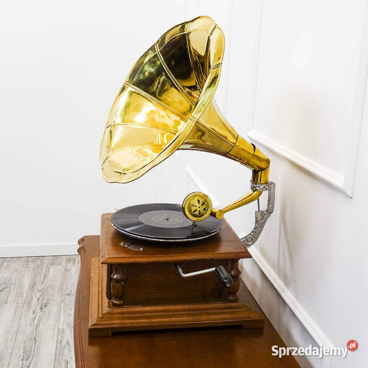 RETRO PATEFON HMV drewniana obudowa ZŁOTA TUBA Kalisz