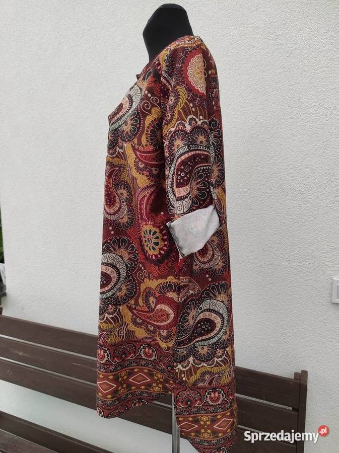 Wzorzysta lekka sukienka podwijane rękawy 42 XL Płock