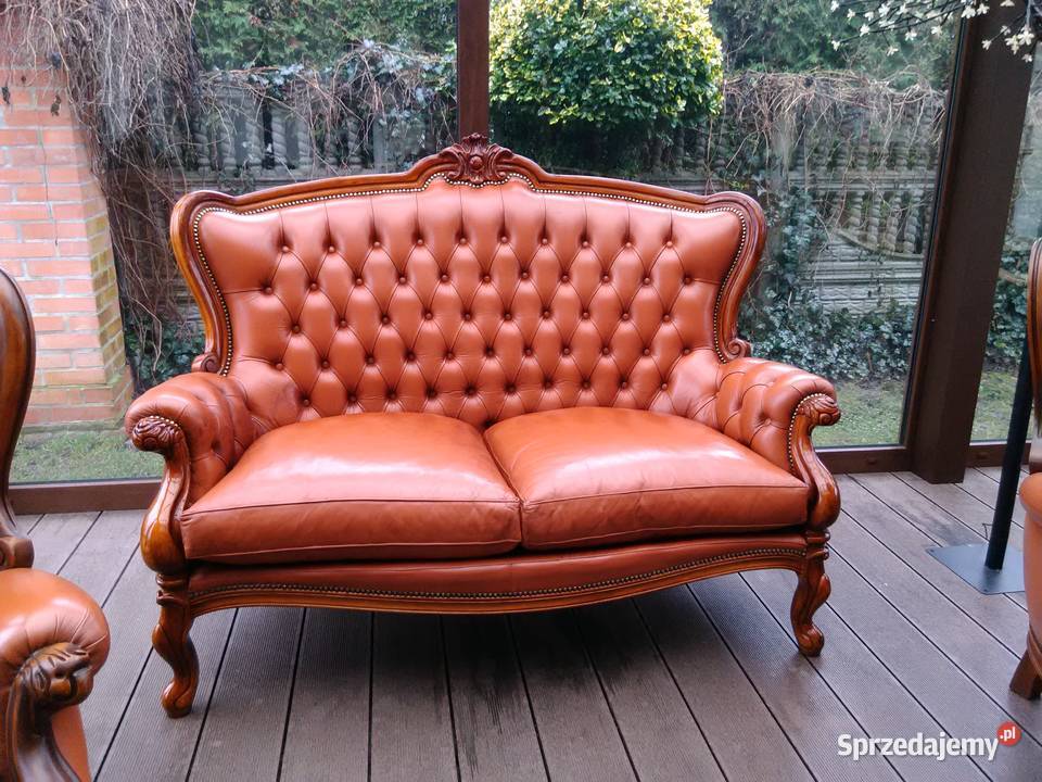 Sofa LUDWIK 2osobRzeźbiona Skóra Antyk Stan Kluki