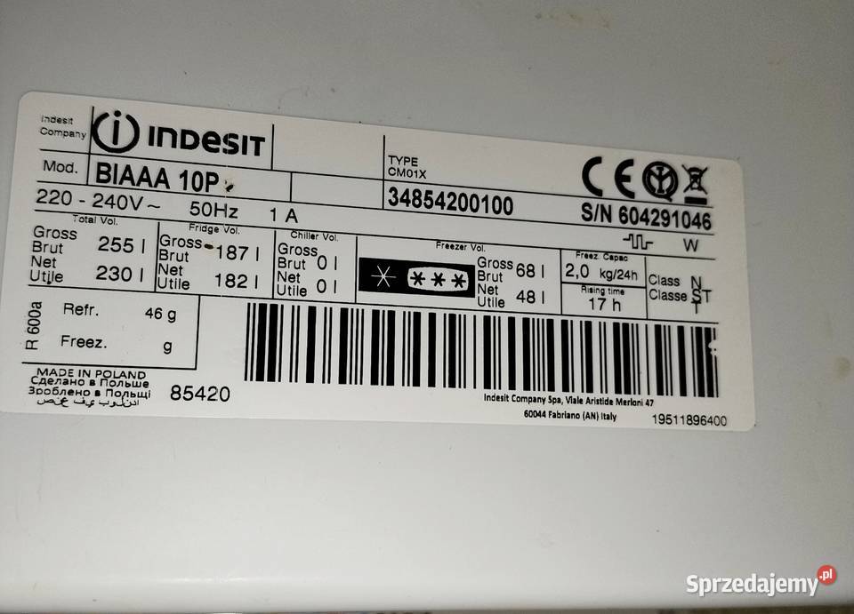LODÓWKA INDENSIT model BIAAA 10P śląskie Bytom sprzedam