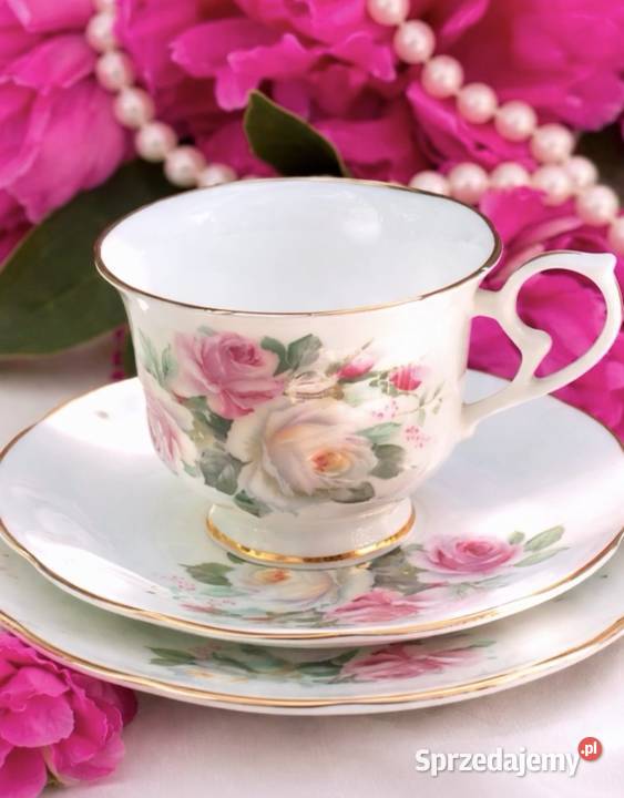STAFFORDSHIRE porcelana angielska różaneTrio Porcelana i szkło