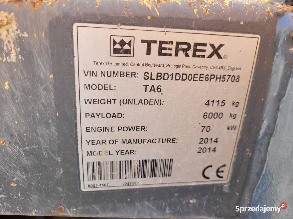 Terex TA6 wozidło 6 ton Rok produkcji 2014 Zaklików