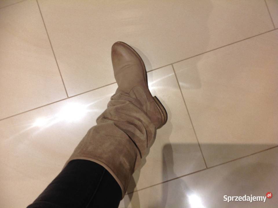 Włoskie Kozaki Beżowe Skórzane Damskie 36 Nowa Sól