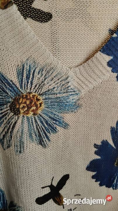 Sweterek damski beżowo niebieski drukowany Swetry i golfy Łódź sprzedam
