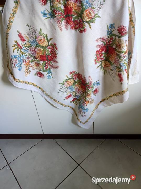 obrus lniany prl serweta vintage kilim kwiaty wielokolorowy