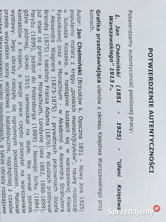 Jan Chełmiński Ułani Księstwa Warszawskiego Węgorzewo sprzedam