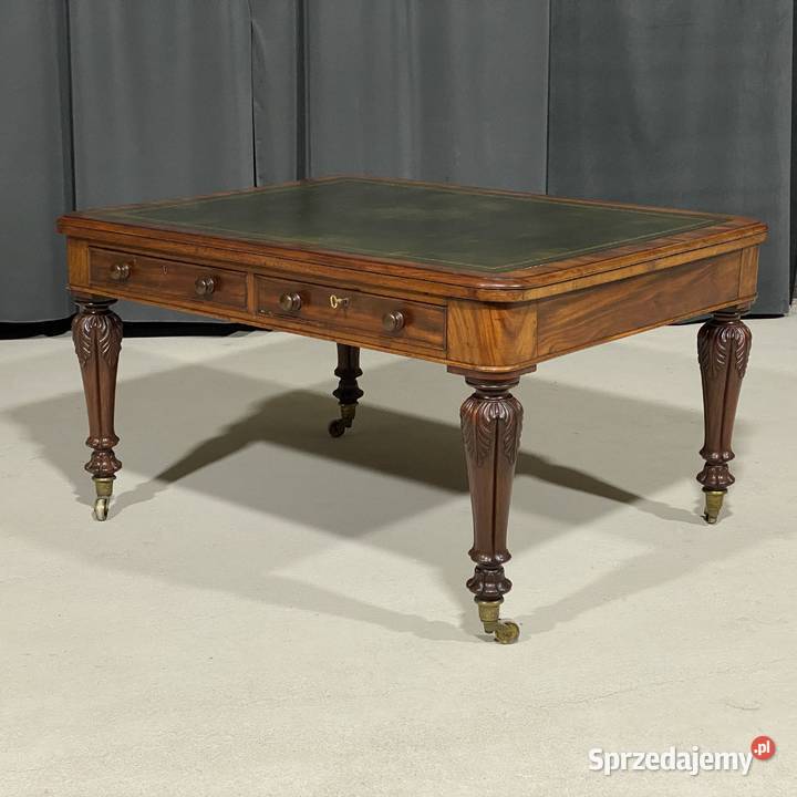 Antyczne biurko stół orzech skóra Anglia XIX w Budno