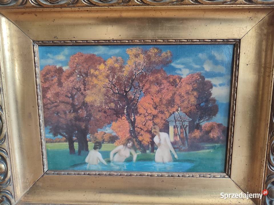 Piękny obraz scena rodzajowa olejny sygnowany