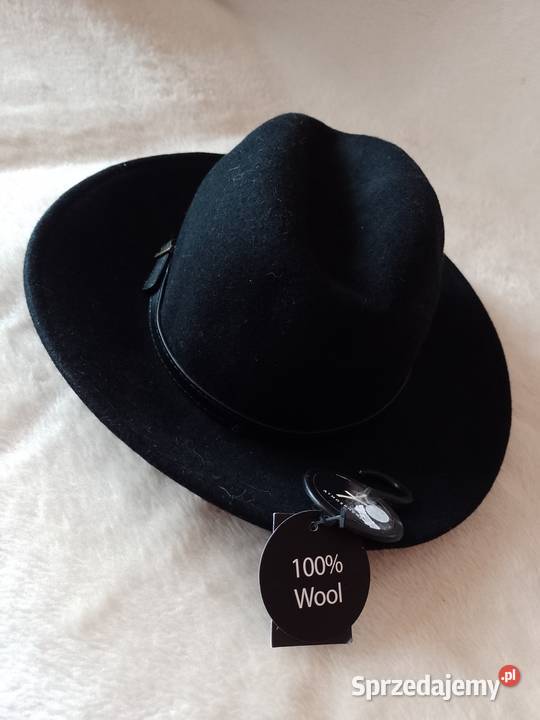 Wełniany Czarny kapelusz z Londynu 100 WełnaNOWY Kraków
