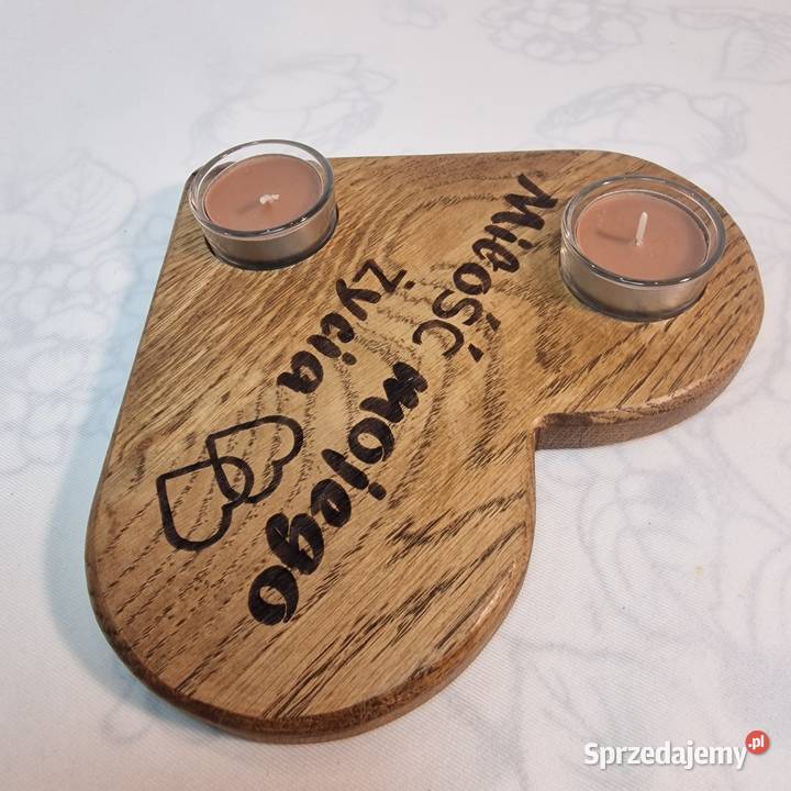Świecznik drewniany serce z dębu Miłość mojego Sępopol