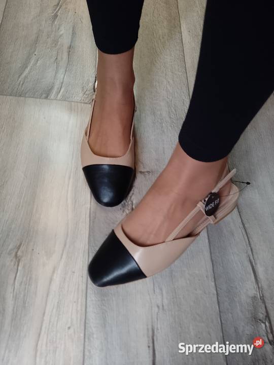 39 Beżowo Czarne baleriny wieczorowe z odkrytą