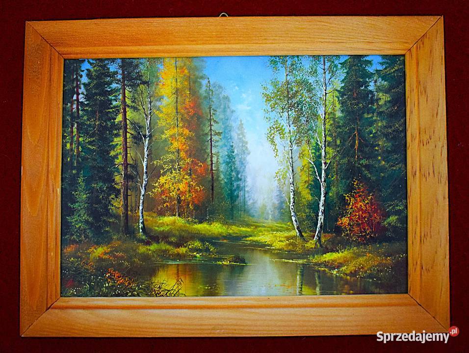 Pejzaż leśny mała reprodukcja w drewnianej ramie