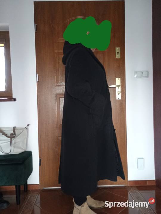 Kaszmirowy płaszcz czarny dlugi Kaptur Bytom Odrzański