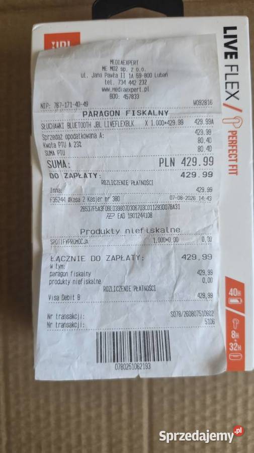 Nowe słuchawki JBL LIVE FLEC Zestawy słuchawkowe Lubań