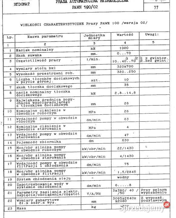 Prasa hydrauliczna PAWN 100 Produkcja Ryki sprzedam