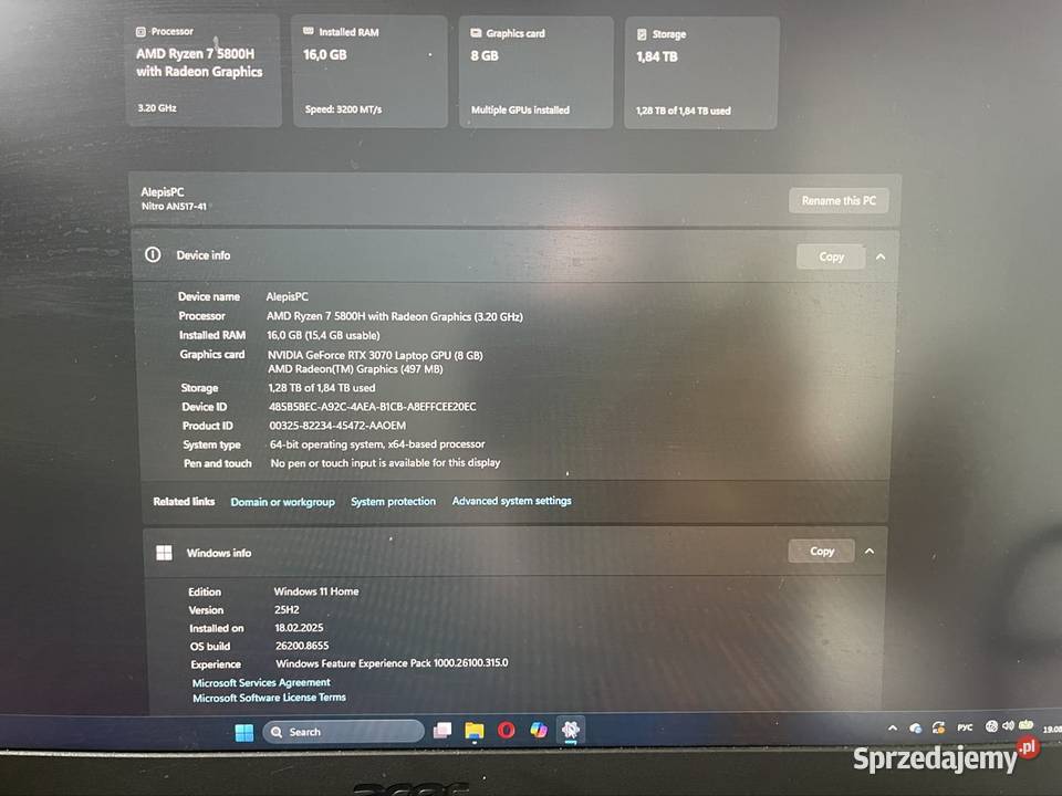 Acer Nitro 5 AN51741R9B5R7 5800H307016Gb Wrocław sprzedam