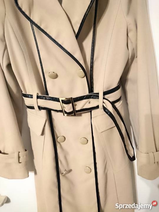 Płaszcz beż lamówki skóra dwurzędowy pagony 38